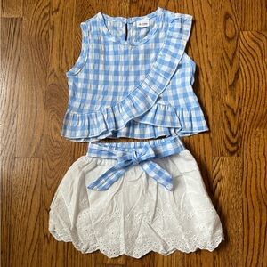 Adorable 2-piece outfit (top + skirt) for baby girl, blue and white, 9-12M